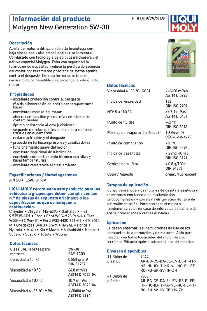 ACEITE LIQUI MOLY 5W30 4LT  MOLYGEN NEW GEN BENCINEROS UB00