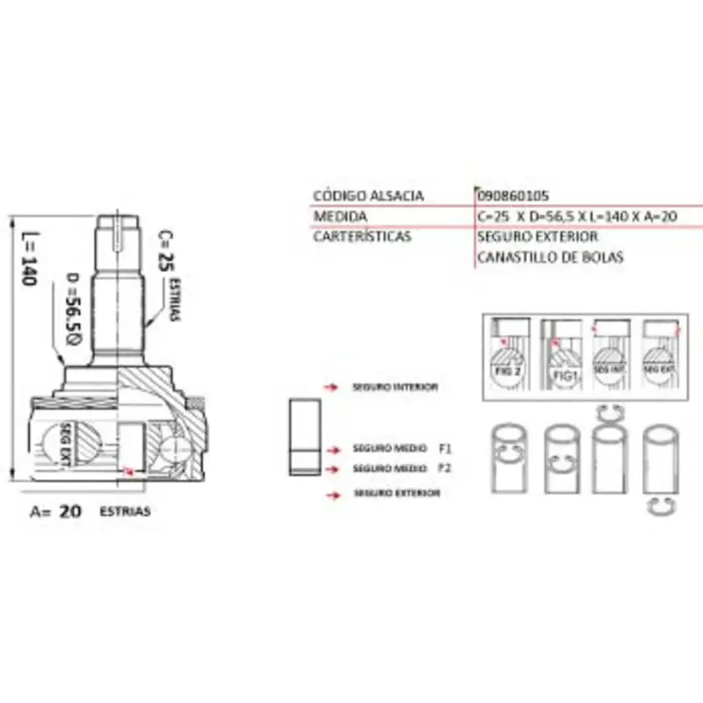 HOMOCINETICA FORD FIESTA 97/ESCORT 1.3 92/ 25*20*56.5 SEGURO EXTERIOR TW UB29B4