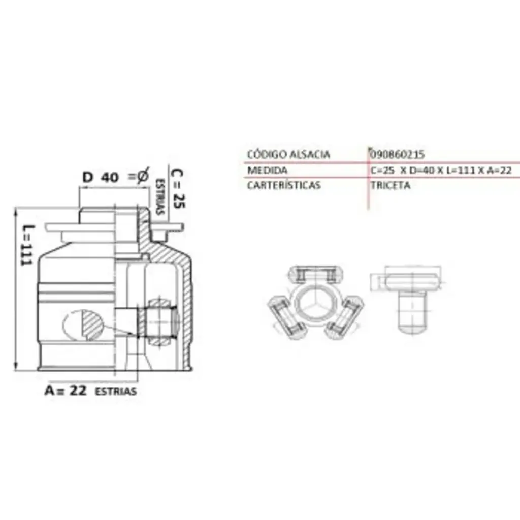 HOMOCINETICA SUBARU LEGACY 2.2/IMPREZA 2.2 LADO CAJA INTERIOR (25*22*40) TW