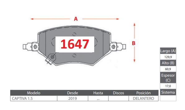 PASTILLA FRENO CHEVROLET CAPTIVA 1.5 19-23 129.9MM C/SEGUROS GTX 