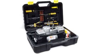 [24237] COMPRESOR MINI DOBLE PISTON DE 12V PRESION MINIMA 150PSI AIRE 60 LT/MIN CON MALETA DE TRANSPORTE