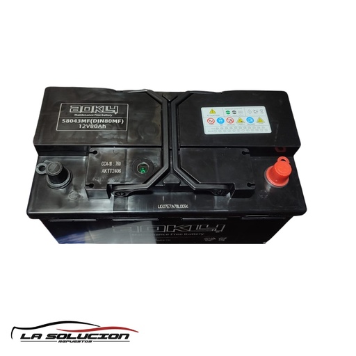 [20801] BATERIA 80 AMPERES AOKLY 760 CCA POSITIVO DERECHO C/PESTAÑA BAJO RELIEVE (SMF-58043)