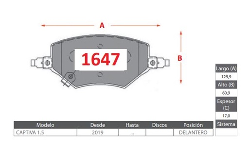 [23669] PASTILLA FRENO CHEVROLET CAPTIVA 1.5 19-23 129.9MM C/SEGUROS GTX 